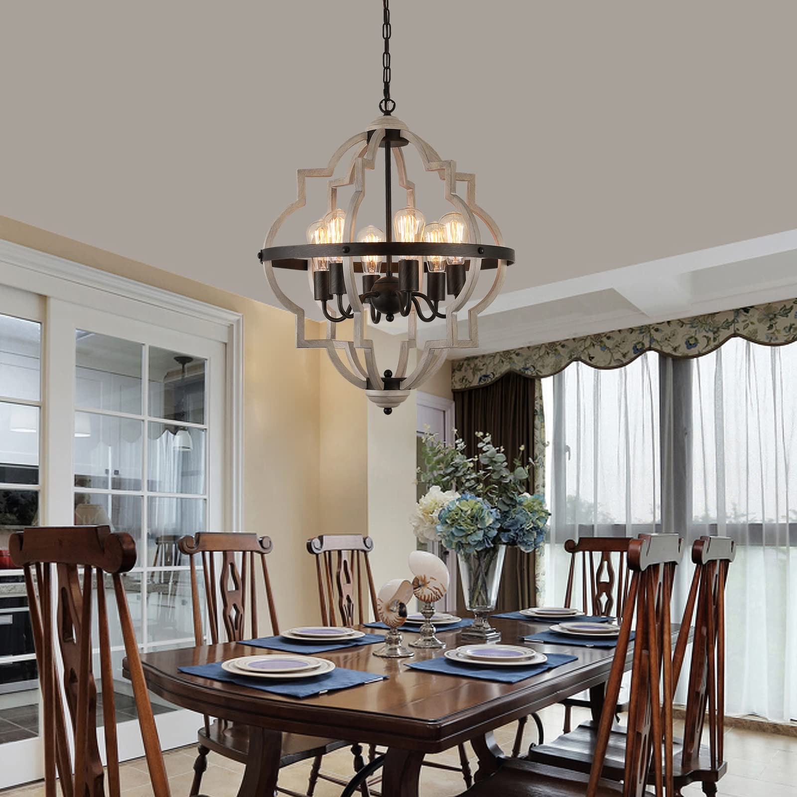 MEIXISUE Farmhouse Rustic Chandelier,ORB+Oak Finish,6-Light